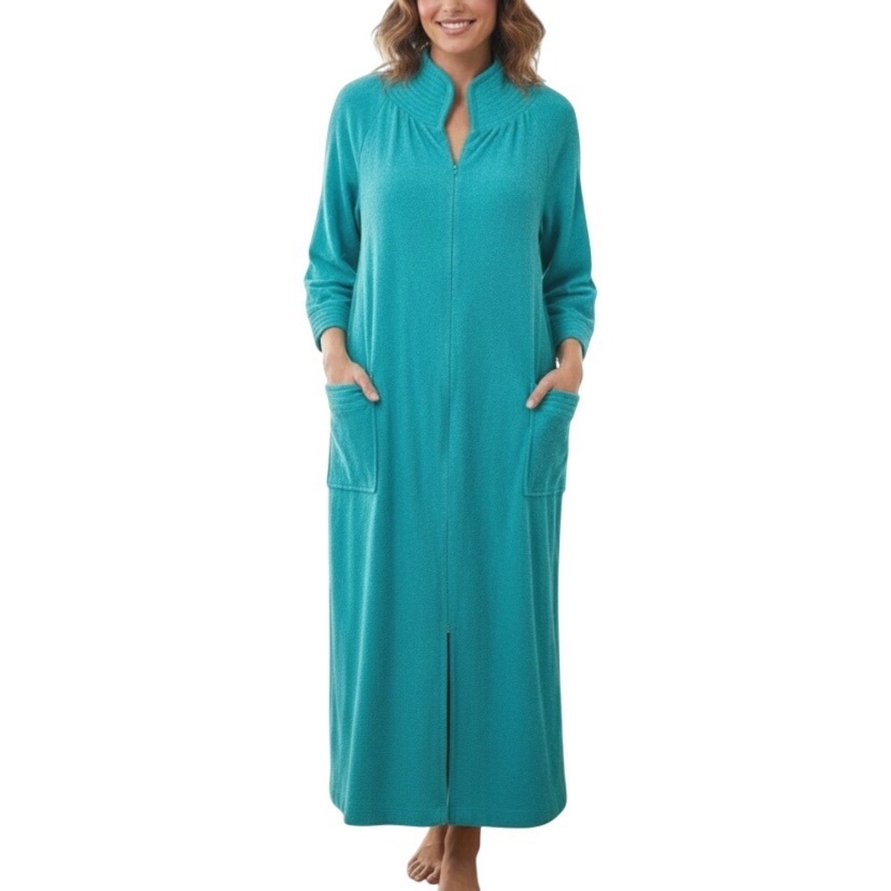 Vtg JCPENNEY Nightgown/Robe Kaftan TEAL GREEN Half Zip POCKETS Micro Fleece sz S